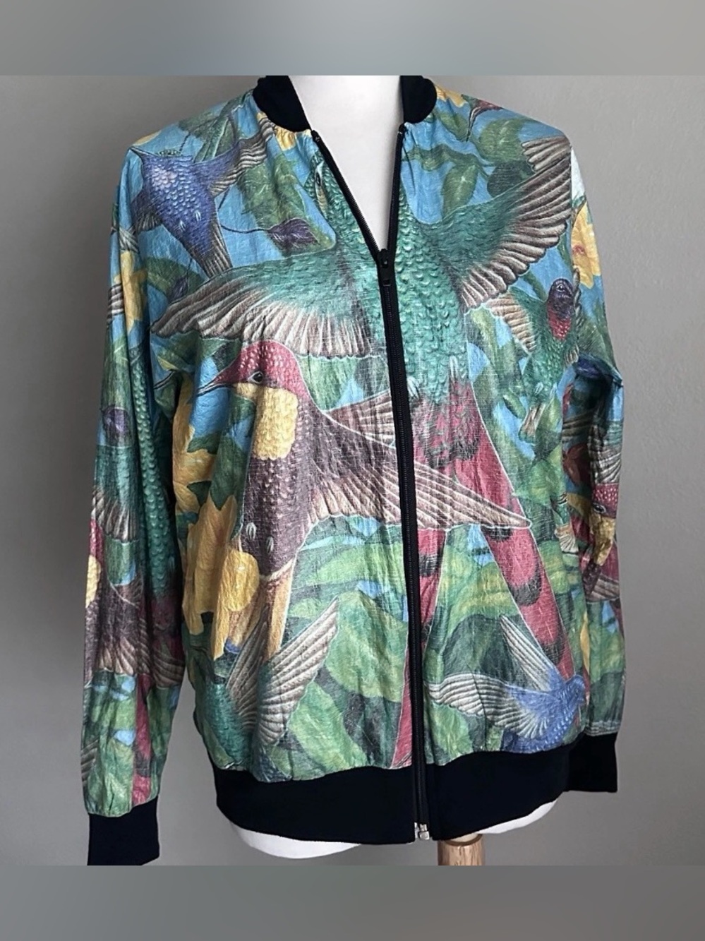 Vintage Tropical Bird Hummingbird Crinkle Windbreaker Jacket Paper Pride USA S